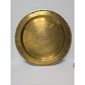 Vintage Scalloped Edge Decorative Middle Eastern Style Brass Tray Wall Floral